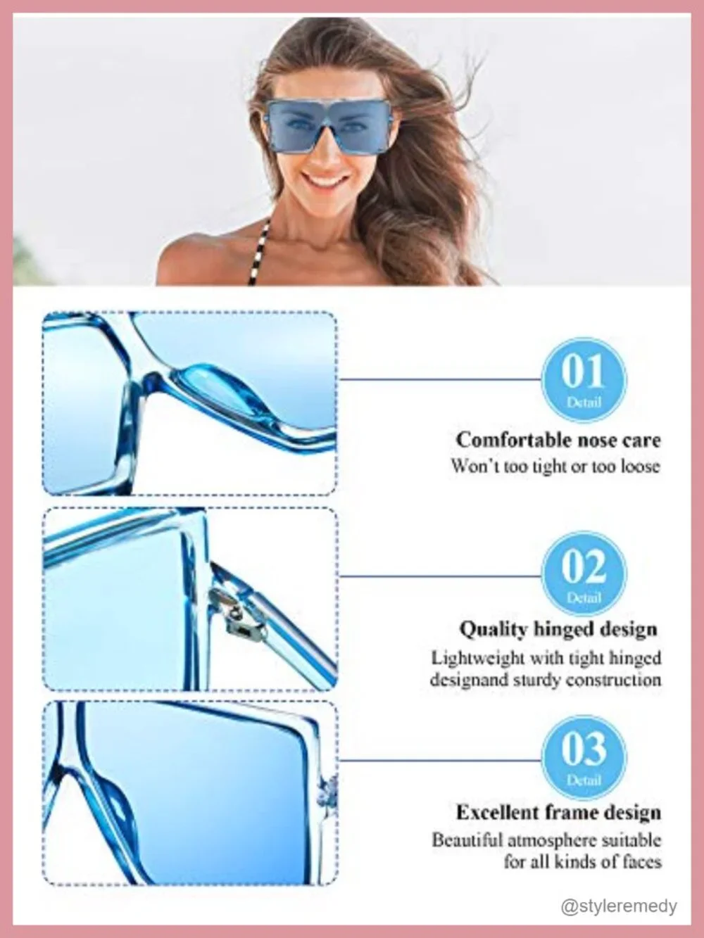 3 Piece Oversized Square Sunglasses Flat Top Fashion Shades UV Protection